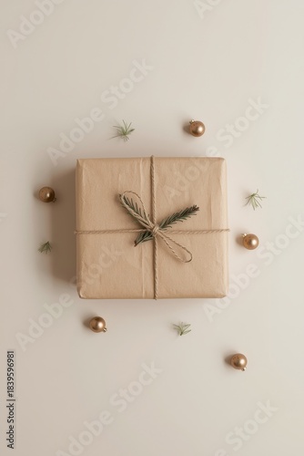 Brown gift wrapped with string and decorations on a light background