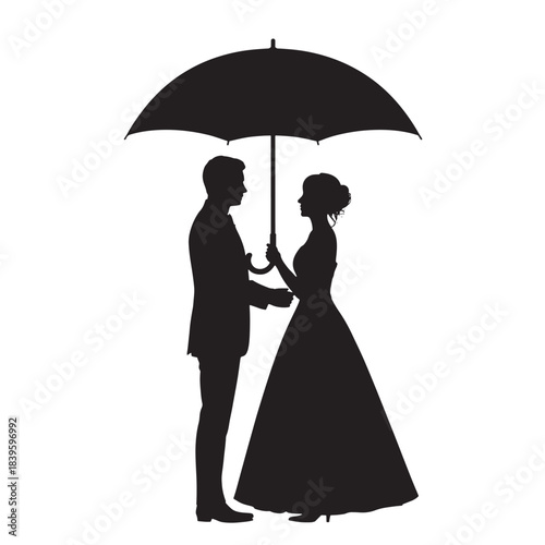 Silhouette of bride and groom under umbrella wedding illustration