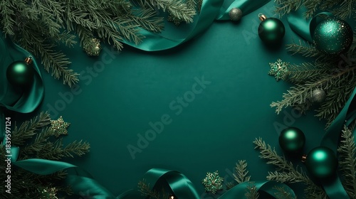 Green holiday decorations with ornaments and ribbons on a flat surface