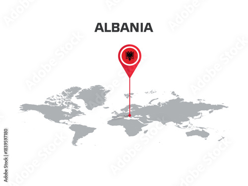 ALBANIA Location Pin on World Map with Flag in Pin's Body