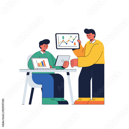 Modern flat vector of two coworkers discussing a line chart on a tablet. Ideal for teamwork, analytics, planning, collaboration, and business strategy visuals