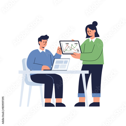 Modern flat vector of two coworkers discussing a line chart on a tablet. Ideal for teamwork, analytics, planning, collaboration, and business strategy visuals