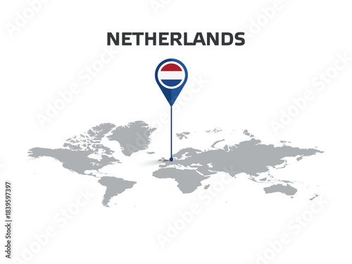 NETHERLANDS Location Pin on World Map with Flag in Pin's Body