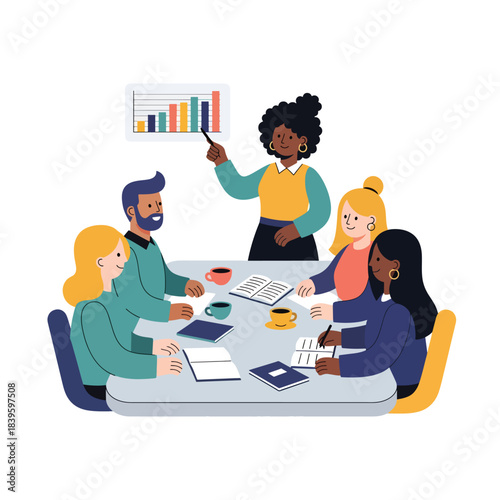 Flat modern vector of a diverse team discussing a horizontal bar chart. Ideal for teamwork, collaboration, planning meetings, and office training materials