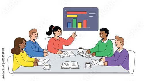 Flat modern vector of a diverse team discussing a horizontal bar chart. Ideal for teamwork, collaboration, planning meetings, and office training materials