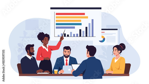 Flat modern vector of a diverse team discussing a horizontal bar chart. Ideal for teamwork, collaboration, planning meetings, and office training materials