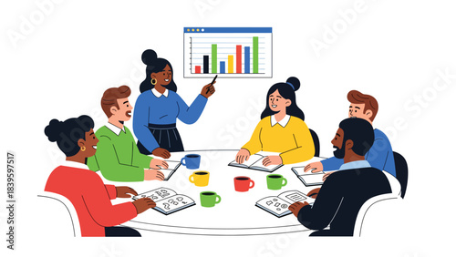 Flat modern vector of a diverse team discussing a horizontal bar chart. Ideal for teamwork, collaboration, planning meetings, and office training materials