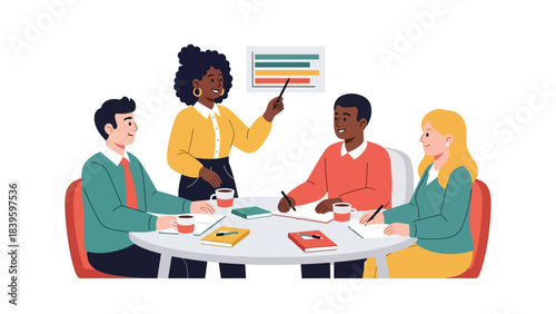 Flat modern vector of a diverse team discussing a horizontal bar chart. Ideal for teamwork, collaboration, planning meetings, and office training materials