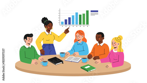 Flat modern vector of a diverse team discussing a horizontal bar chart. Ideal for teamwork, collaboration, planning meetings, and office training materials