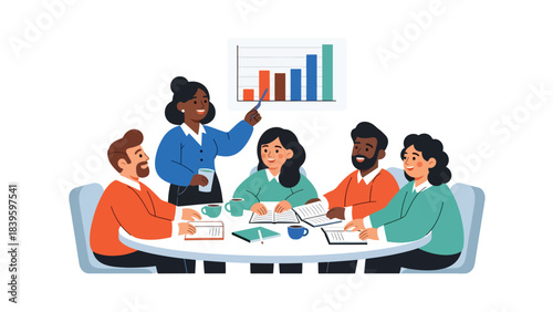 Flat modern vector of a diverse team discussing a horizontal bar chart. Ideal for teamwork, collaboration, planning meetings, and office training materials