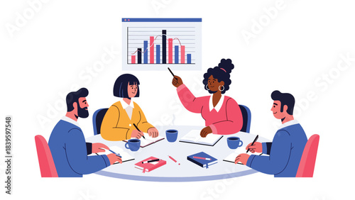 Flat modern vector of a diverse team discussing a horizontal bar chart. Ideal for teamwork, collaboration, planning meetings, and office training materials