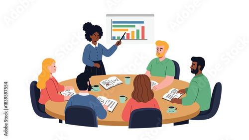 Flat modern vector of a diverse team discussing a horizontal bar chart. Ideal for teamwork, collaboration, planning meetings, and office training materials