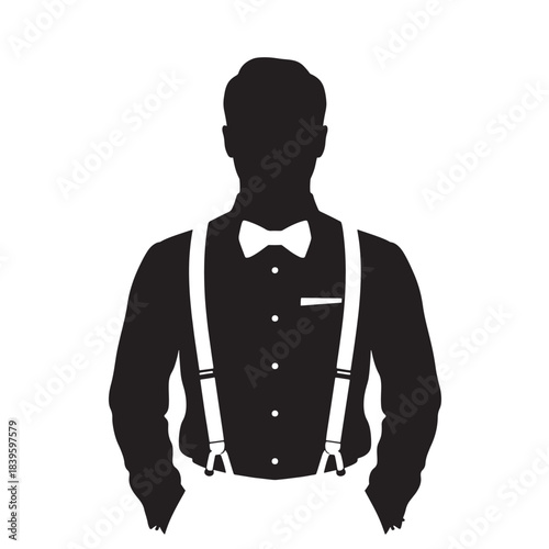 Black silhouette of man wearing suspenders and bow tie