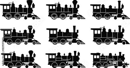 Steam locomotive icon grid, vintage train silhouettes, historical railway engines, transport symbols, black vector illustration, silhouette collection