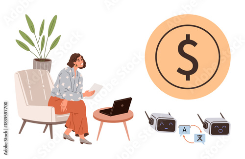 Woman seated on chair looks at document near laptop, beside dollar sign and translation bots. Ideal for finance, remote work, AI, automation, global business, productivity technology. Simple flat