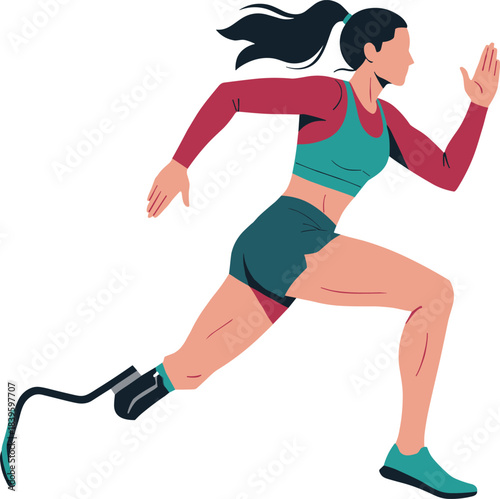 Adaptive athlete running illustration, prosthetic blade motion, inclusive sports concept, vector art, empowerment and determination theme