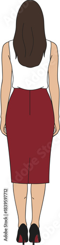 Back view fashion character illustration, elegant outfit pose, maroon pencil skirt and white top, vector art, style reference concept