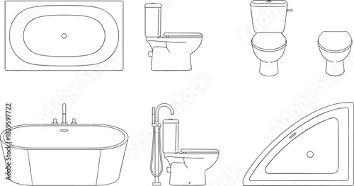 Bathroom fixture line art illustration set, black-and-white plumbing design, vector drawing, interior planning concept, architectural reference