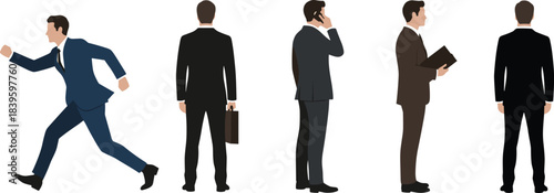 Business character illustration set, professional male poses, corporate attire design, vector art, workplace activity concept, dynamic posture lineup