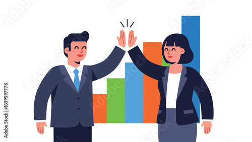Flat modern vector of a businessman high-fiving a coworker beside a growth chart. Ideal for teamwork, motivation, employee success, and sales achievement visuals