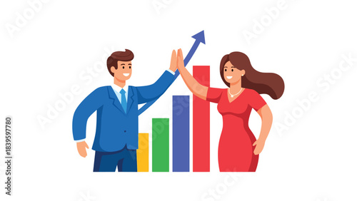 Flat modern vector of a businessman high-fiving a coworker beside a growth chart. Ideal for teamwork, motivation, employee success, and sales achievement visuals