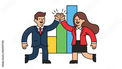 Flat modern vector of a businessman high-fiving a coworker beside a growth chart. Ideal for teamwork, motivation, employee success, and sales achievement visuals