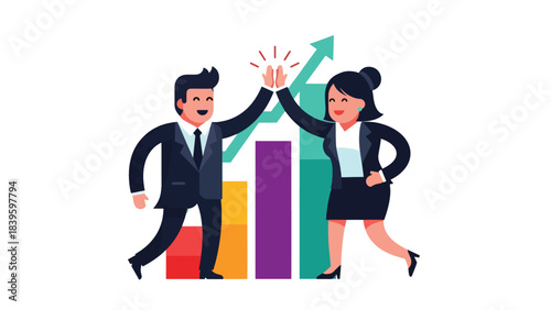 Flat modern vector of a businessman high-fiving a coworker beside a growth chart. Ideal for teamwork, motivation, employee success, and sales achievement visuals