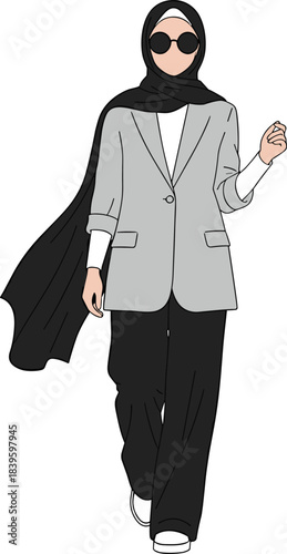 Confident fashion character illustration, modest modern outfit, walking pose, headscarf and sunglasses style, vector art, stylish motion concept