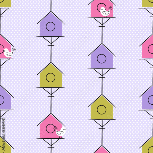Spring Birdhouse in Vertical Stripes Vector Seamless Pattern