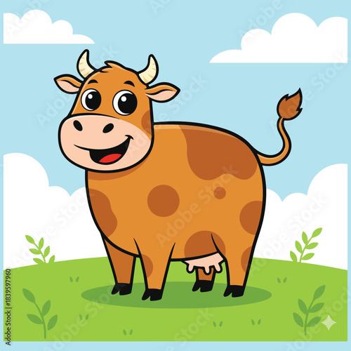 Cute cartoon cow illustration standing in a green field under a blue sky with white clouds, happy smiling farm animal character.