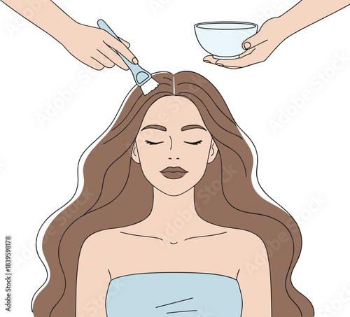 Hair treatment illustration, beauty and wellness concept, salon care scene, relaxing self-care moment, vector art, personal grooming design