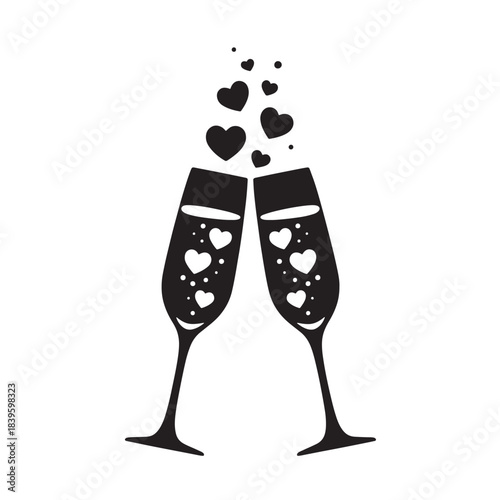 Champagne glasses with hearts for wedding celebration and love concept, minimalist vector icon