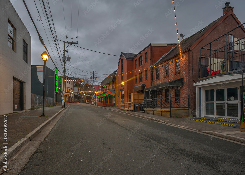 Obraz premium Empty street in the entertainment district in downtown Saint John’s, Newfoundland and Labrador, Canada