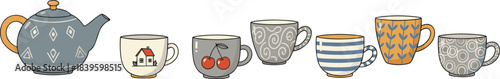 Teacup and teapot illustration, ceramic kitchenware design, cozy beverage set, artistic mug collection, vector home decor, warm drink concept