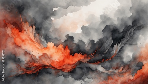 Abstract watercolor painting with dark clouds and vibrant orange swirls -  