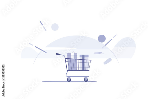 Shopping cart filled with products and abstract shapes