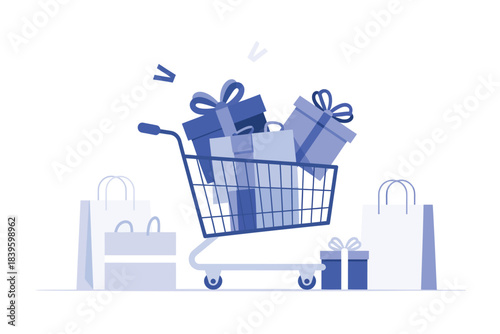Shopping cart overflowing with gift boxes and shopping bags