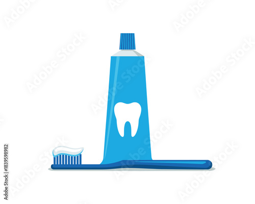 Blue toothpaste tube and toothbrush with white tooth icon