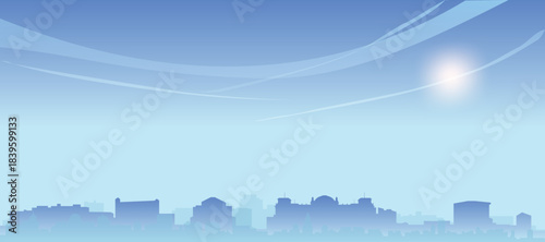 Blue panoramic poster of the city skyline with misty background buildings and clouds of BERLIN, GERMANY