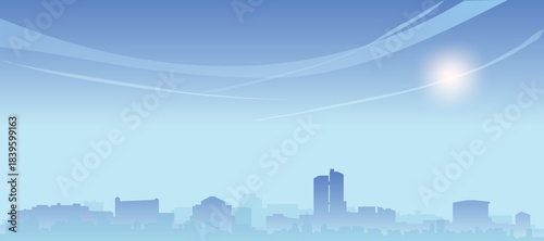 Blue panoramic poster of the city skyline with misty background buildings and clouds of TOKYO, JAPAN