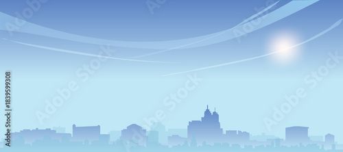 Blue panoramic poster of the city skyline with misty background buildings and clouds of DETROIT, UNITED STATES
