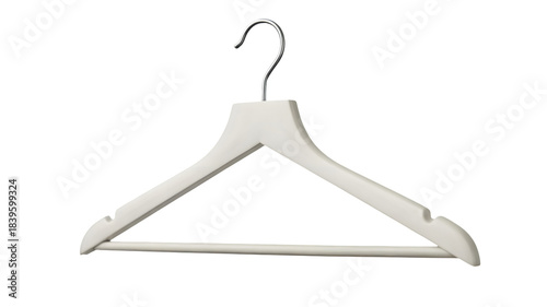 A single white wooden clothes hanger with a metal hook isolated on transparent background