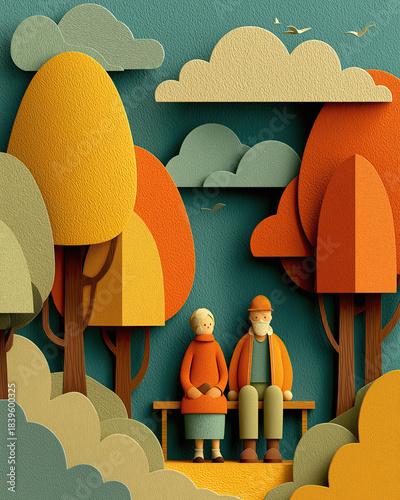 Elderly couple sitting on a bench in autumn park. Conceptual 3D paper cut illustration of happy retirement, pension, old age, and enduring love