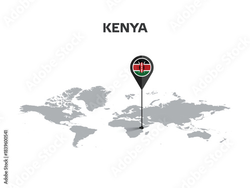 KENYA Location Pin on World Map with Flag in Pin's Body