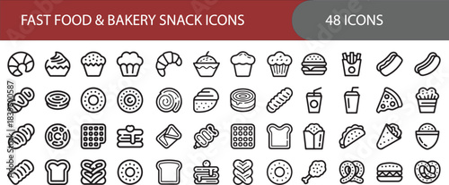 Fast Food and Bakery Snack Line Icons Set