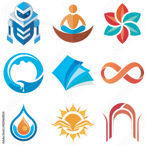 Collection of abstract flat icons and logos on white