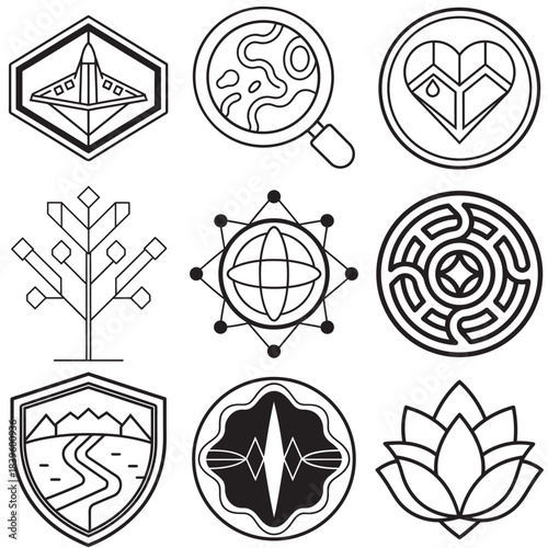 Set of nine geometric line art icons and emblems