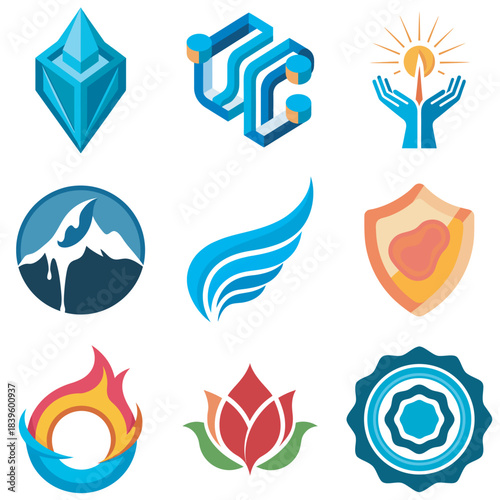 Collection of 9 colorful abstract icons and logos on