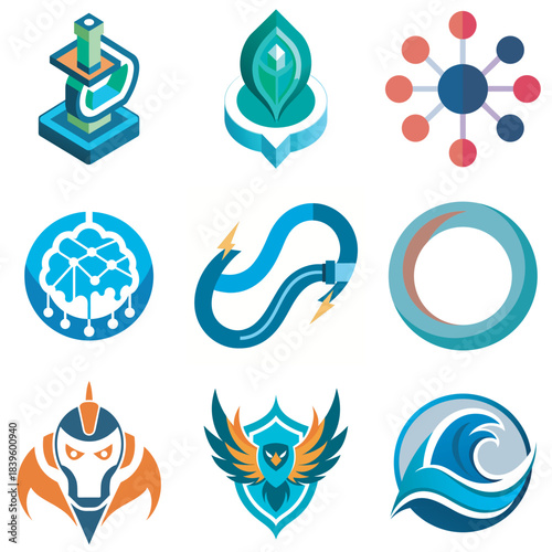 Collection of nine modern, colorful, isometric and flat icons and logos for technology, science, and nature concepts