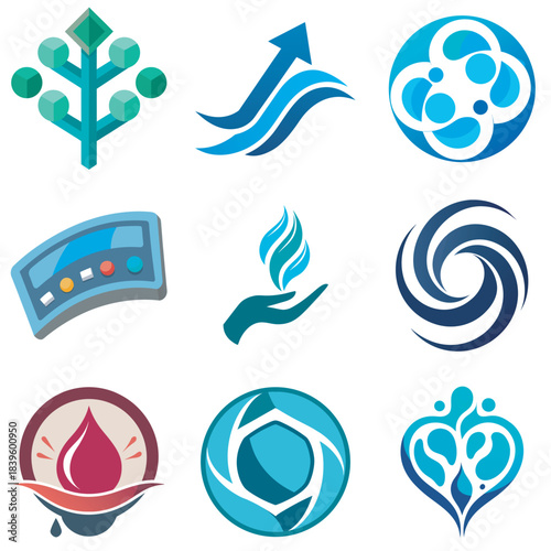 Set of 9 abstract blue and green icons representing nature, energy, and technology white